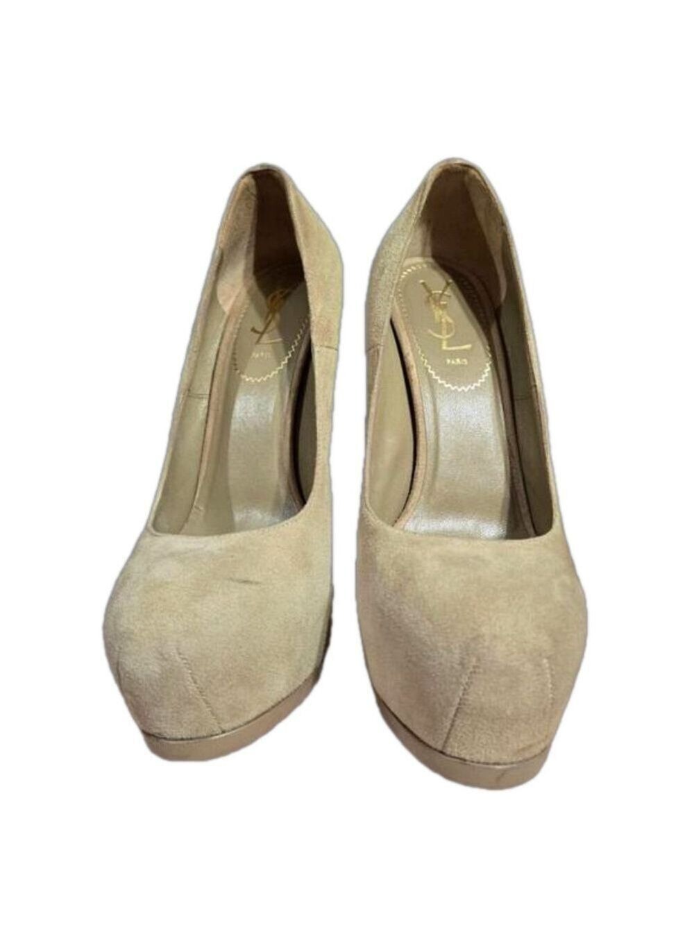 YSL Yves Saint Laurent Tribtoo Beige Suede Platform Pumps Heels